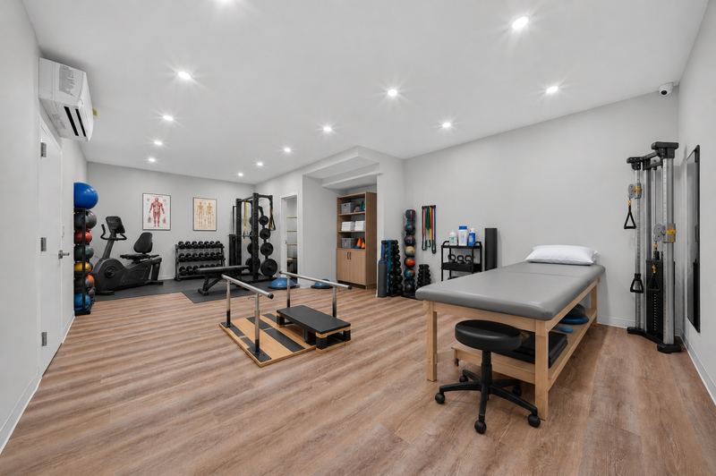 Physical therapy gym with a treatment table, parallel bars and exercise equipment