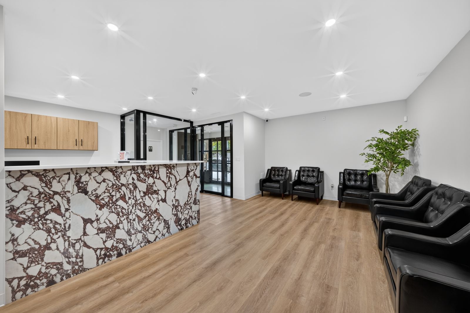 Reception area with a marble front desk, black leather waiting chairs and the glass entrance doors
